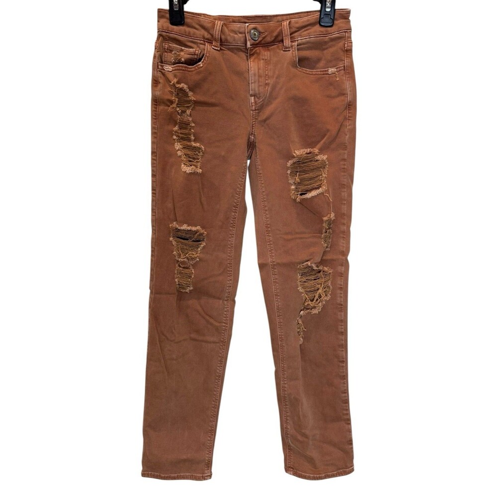 American Eagle Tomgirl Jeans Womens 0 Distressed Super Stretch Ripped Rust Brown
